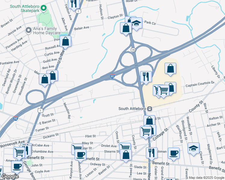 map of restaurants, bars, coffee shops, grocery stores, and more near 6 11 Red Oak Park in Attleboro