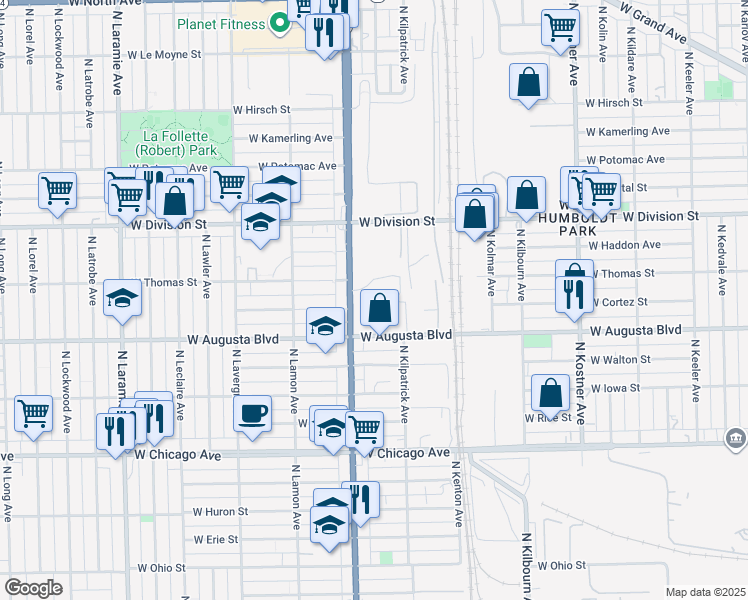 map of restaurants, bars, coffee shops, grocery stores, and more near 1017 Illinois 50 in Chicago