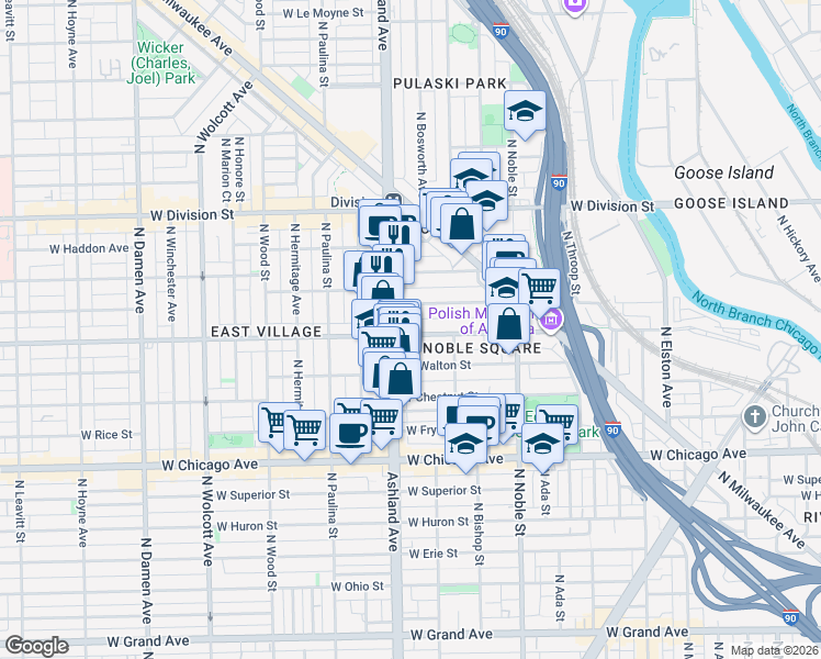 map of restaurants, bars, coffee shops, grocery stores, and more near 1527 West Augusta Boulevard in Chicago