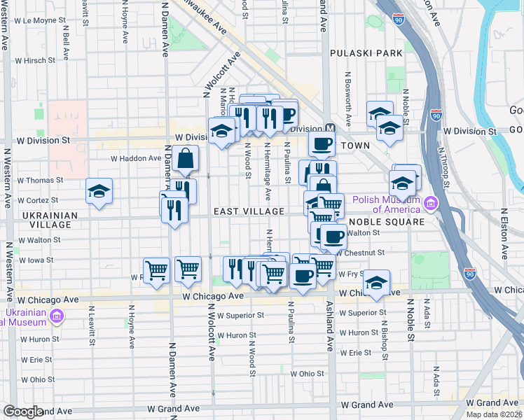 map of restaurants, bars, coffee shops, grocery stores, and more near in Chicago