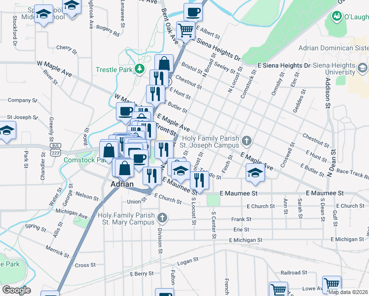 map of restaurants, bars, coffee shops, grocery stores, and more near 222 North Clinton Street in Adrian