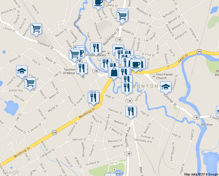 map of restaurants, bars, coffee shops, grocery stores, and more near 5 Hill Street in Taunton