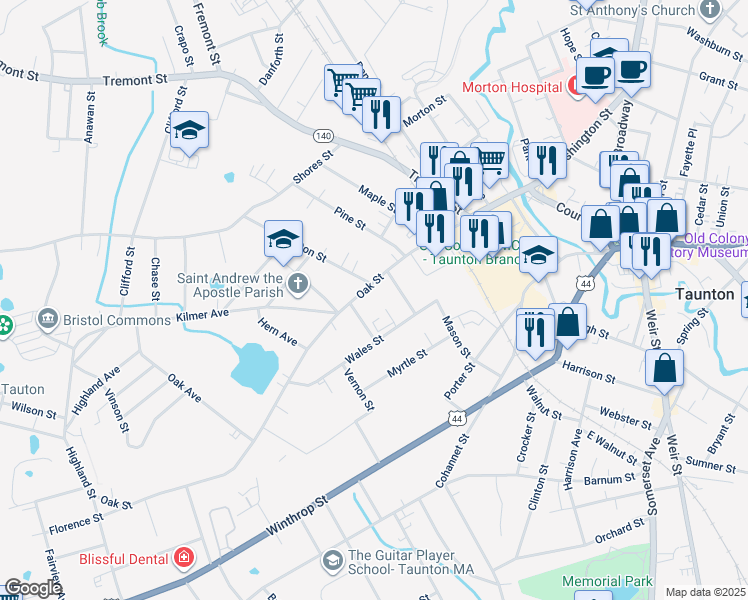 map of restaurants, bars, coffee shops, grocery stores, and more near 6 Reed Street in Taunton