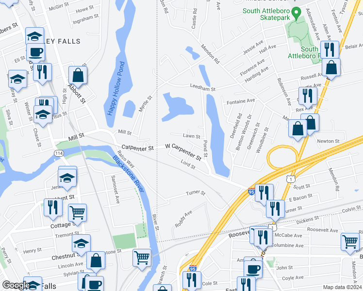 map of restaurants, bars, coffee shops, grocery stores, and more near 44 West Carpenter Street in Attleboro