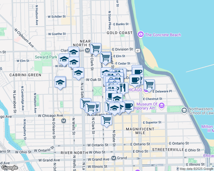 map of restaurants, bars, coffee shops, grocery stores, and more near 908 North State Street in Chicago