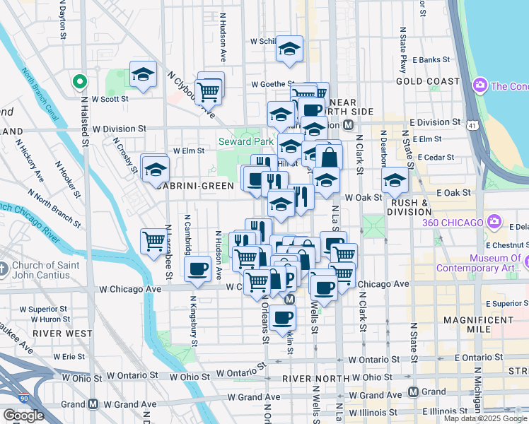 map of restaurants, bars, coffee shops, grocery stores, and more near 1552 North North Park Avenue in Chicago