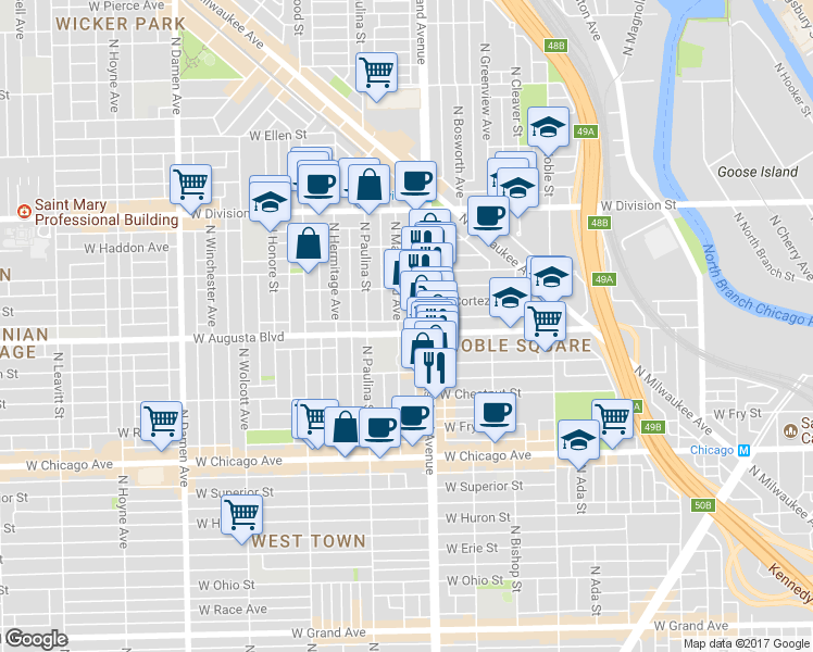 map of restaurants, bars, coffee shops, grocery stores, and more near 1638 West Augusta Boulevard in Chicago