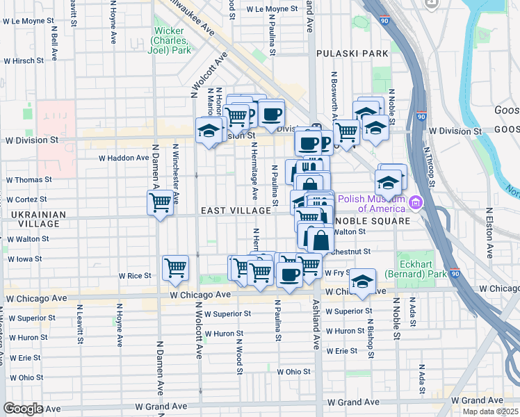 map of restaurants, bars, coffee shops, grocery stores, and more near 1719 West Augusta Boulevard in Chicago
