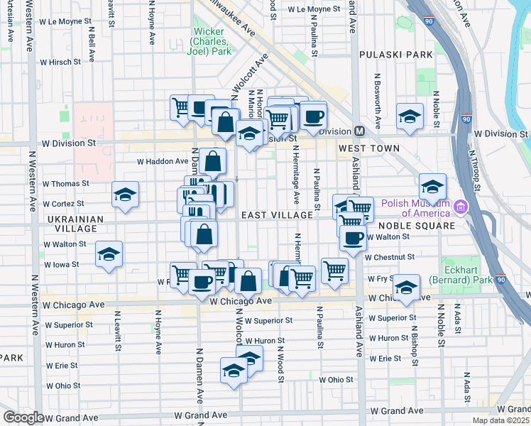 map of restaurants, bars, coffee shops, grocery stores, and more near 959 North Honore Street in Chicago