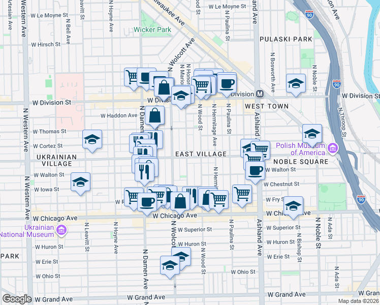 map of restaurants, bars, coffee shops, grocery stores, and more near 959 North Honore Street in Chicago