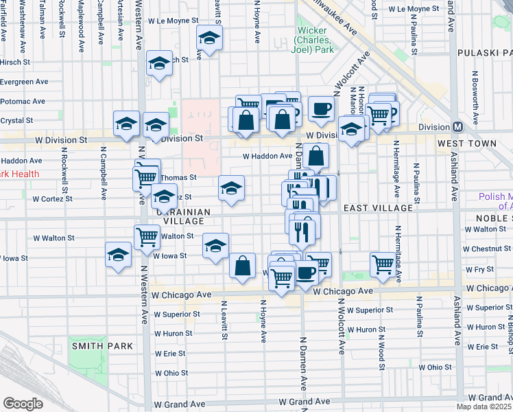 map of restaurants, bars, coffee shops, grocery stores, and more near 953 North Hoyne Avenue in Chicago