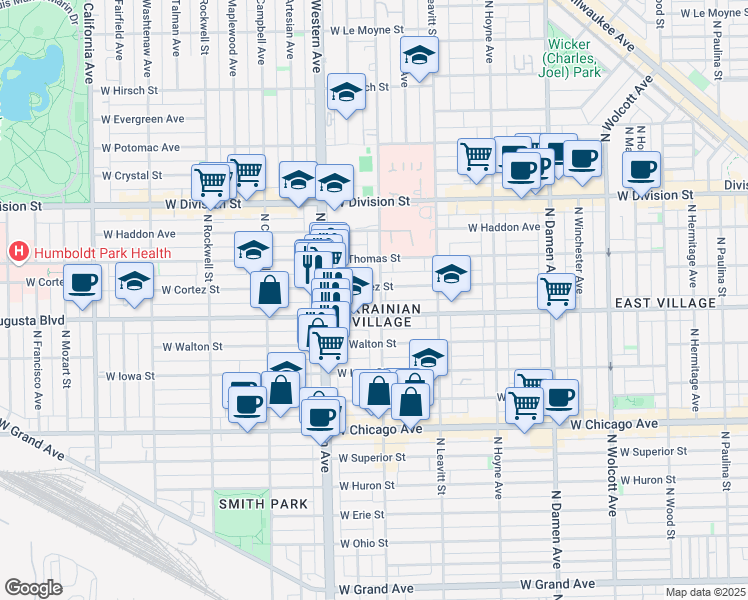 map of restaurants, bars, coffee shops, grocery stores, and more near 2326 West Augusta Boulevard in Chicago