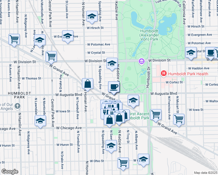 map of restaurants, bars, coffee shops, grocery stores, and more near 3234 West Augusta Boulevard in Chicago