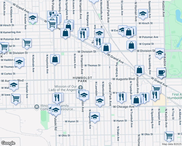map of restaurants, bars, coffee shops, grocery stores, and more near 1015 North Ridgeway Avenue in Chicago