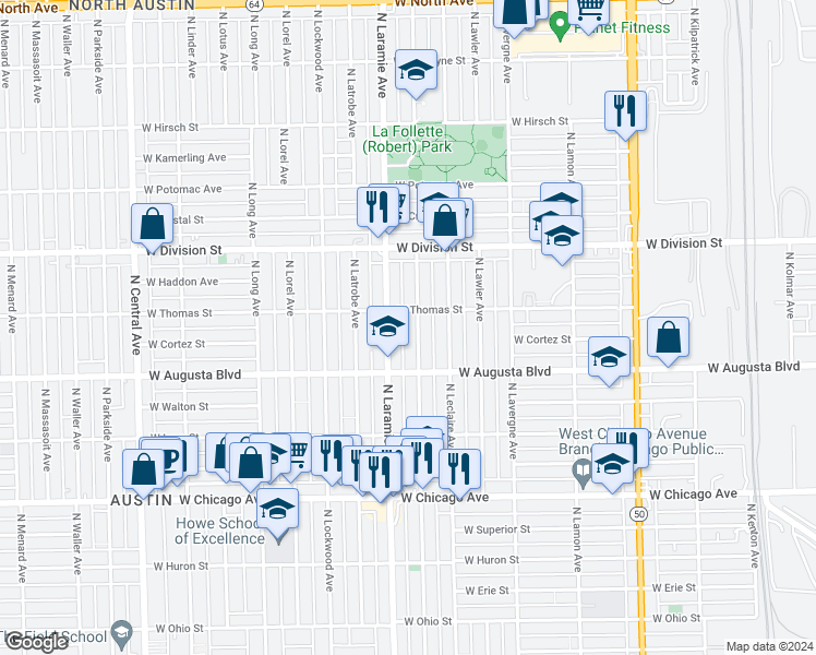 map of restaurants, bars, coffee shops, grocery stores, and more near 1028 North Leamington Avenue in Chicago