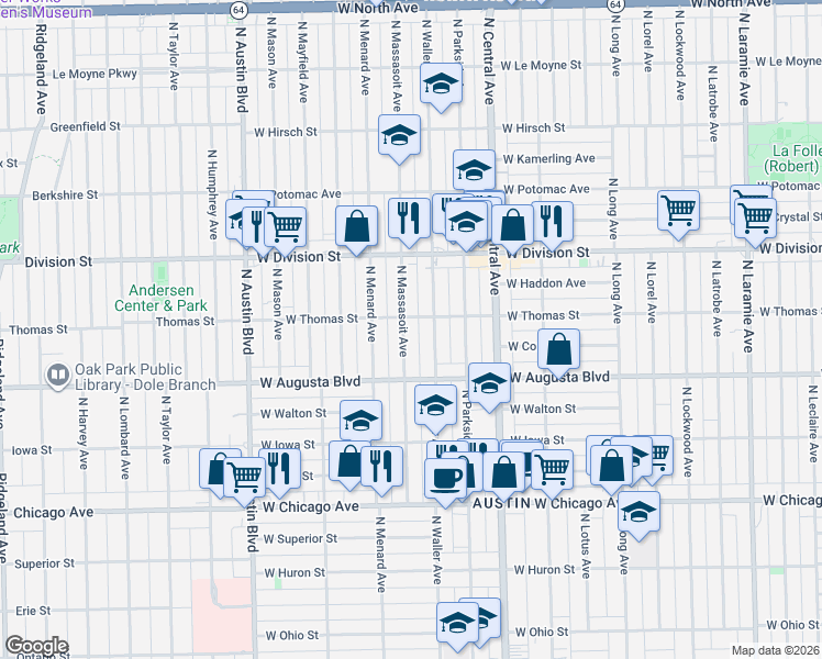 map of restaurants, bars, coffee shops, grocery stores, and more near 1034 North Massasoit Avenue in Chicago