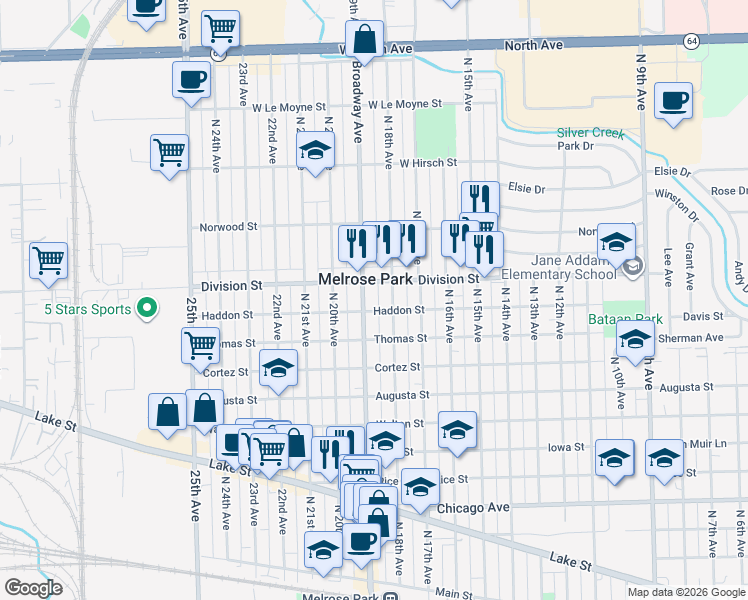 map of restaurants, bars, coffee shops, grocery stores, and more near 1319 North 19th Avenue in Melrose Park