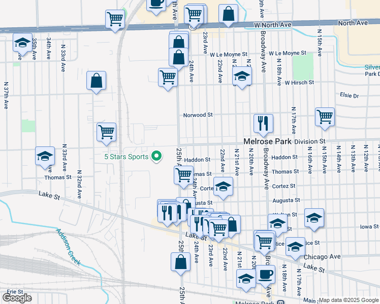 map of restaurants, bars, coffee shops, grocery stores, and more near 1401 25th Avenue in Melrose Park