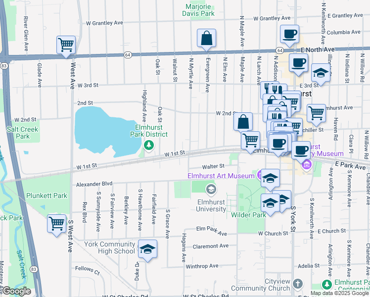 map of restaurants, bars, coffee shops, grocery stores, and more near 103 Walnut Street in Elmhurst