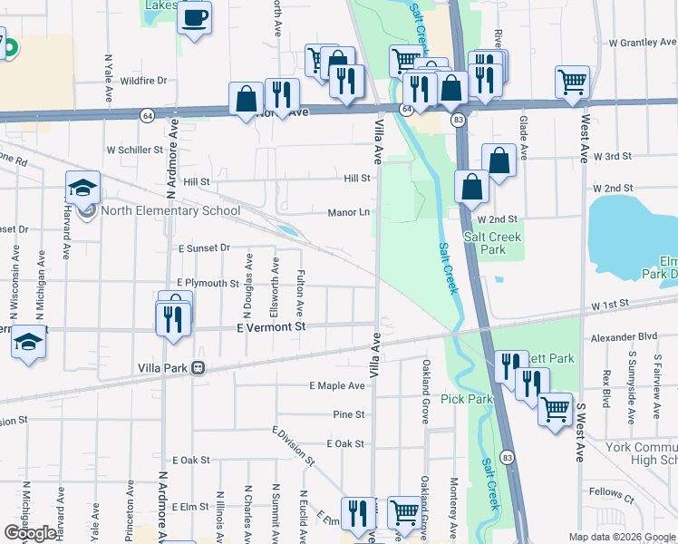 map of restaurants, bars, coffee shops, grocery stores, and more near 312 East Plymouth Street in Villa Park