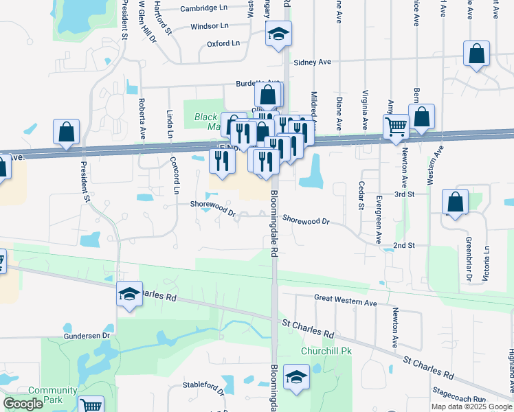map of restaurants, bars, coffee shops, grocery stores, and more near 185 Shorewood Drive in Glendale Heights
