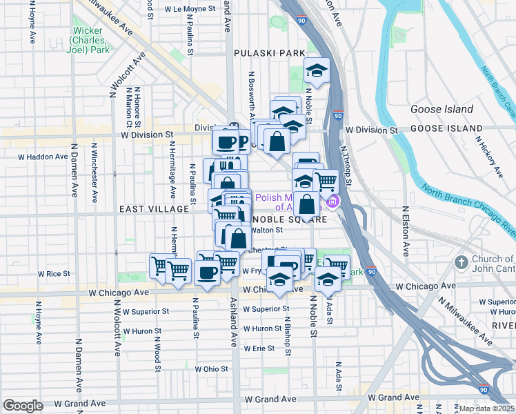 map of restaurants, bars, coffee shops, grocery stores, and more near 1522 West Augusta Boulevard in Chicago