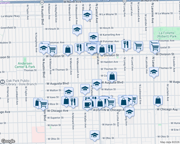 map of restaurants, bars, coffee shops, grocery stores, and more near 1048 North Parkside Avenue in Chicago