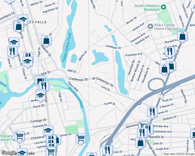 map of restaurants, bars, coffee shops, grocery stores, and more near 64 West Carpenter Street in Attleboro