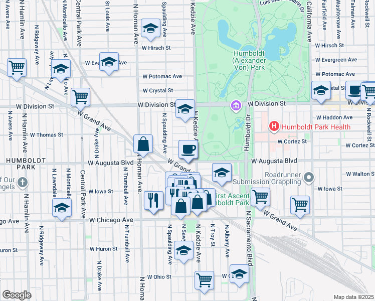 map of restaurants, bars, coffee shops, grocery stores, and more near 3234 West Augusta Boulevard in Chicago