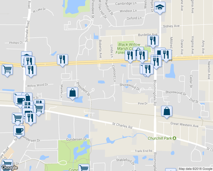 map of restaurants, bars, coffee shops, grocery stores, and more near 937 Concord Court in Carol Stream