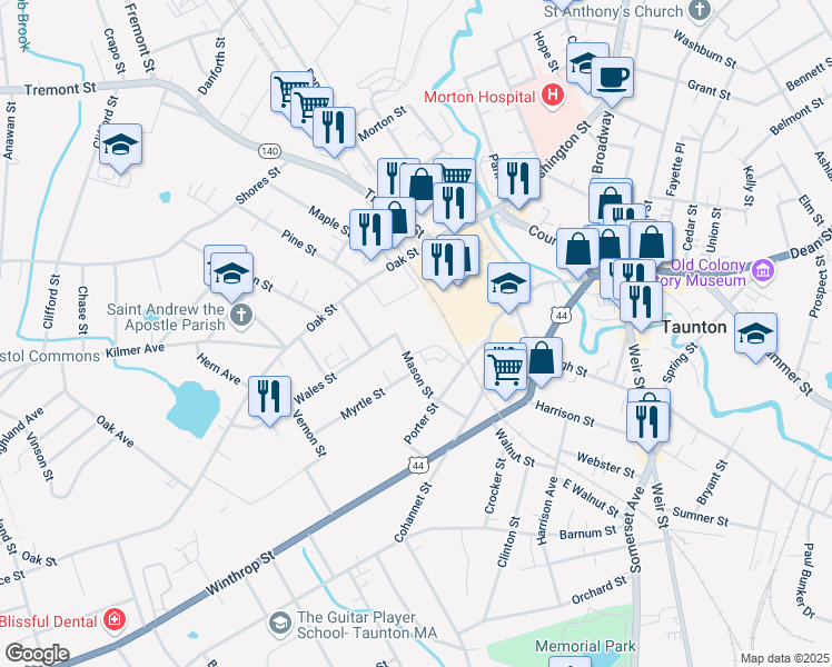 map of restaurants, bars, coffee shops, grocery stores, and more near 45 Mason Street in Taunton