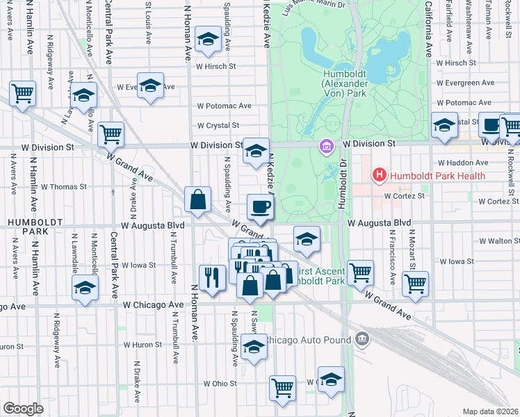 map of restaurants, bars, coffee shops, grocery stores, and more near 3234 West Augusta Boulevard in Chicago