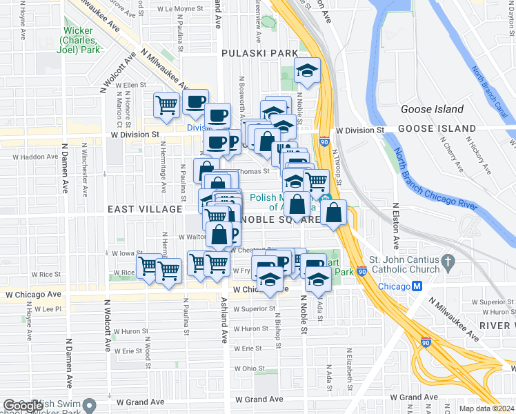 map of restaurants, bars, coffee shops, grocery stores, and more near 1504 West Augusta Boulevard in Chicago