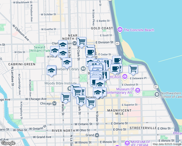 map of restaurants, bars, coffee shops, grocery stores, and more near 24 West Walton Street in Chicago