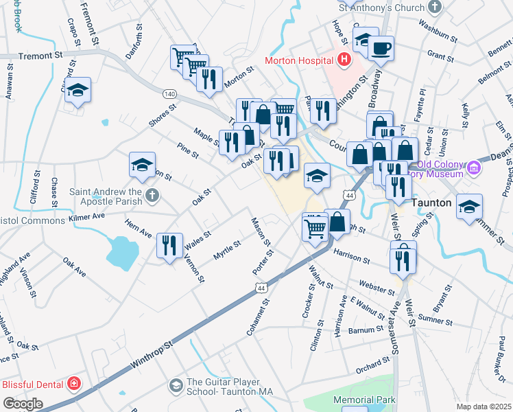 map of restaurants, bars, coffee shops, grocery stores, and more near 45 Mason Street in Taunton