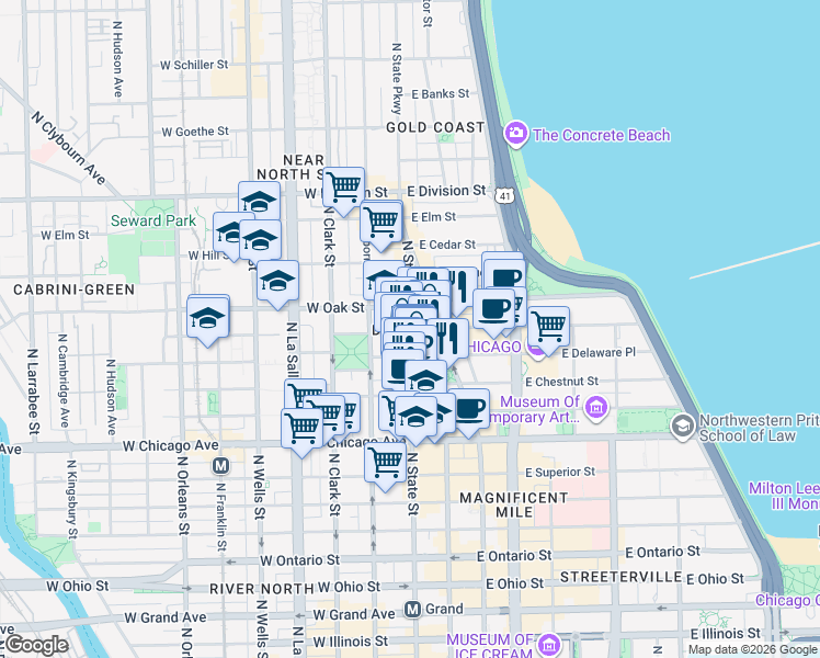 map of restaurants, bars, coffee shops, grocery stores, and more near N State St & E Walton St in Chicago