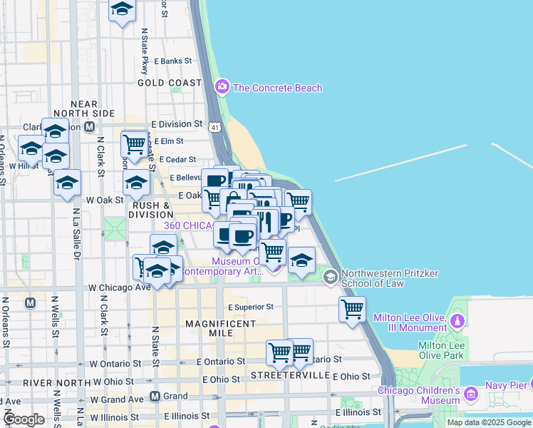 map of restaurants, bars, coffee shops, grocery stores, and more near 201 East Walton Place in Chicago