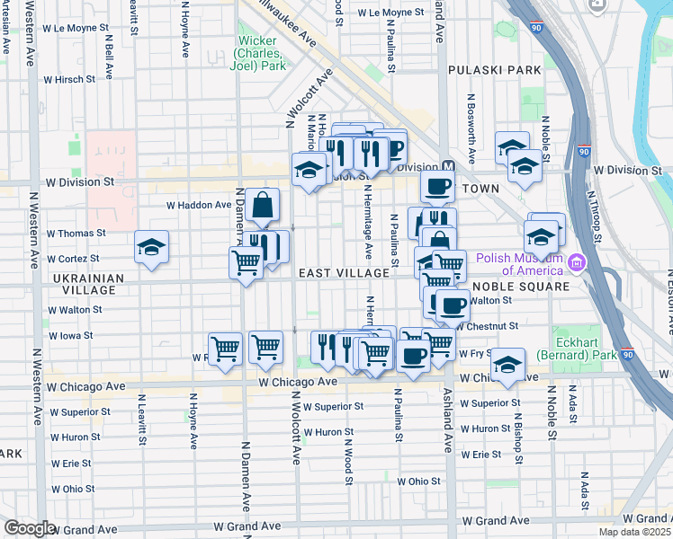 map of restaurants, bars, coffee shops, grocery stores, and more near in Chicago