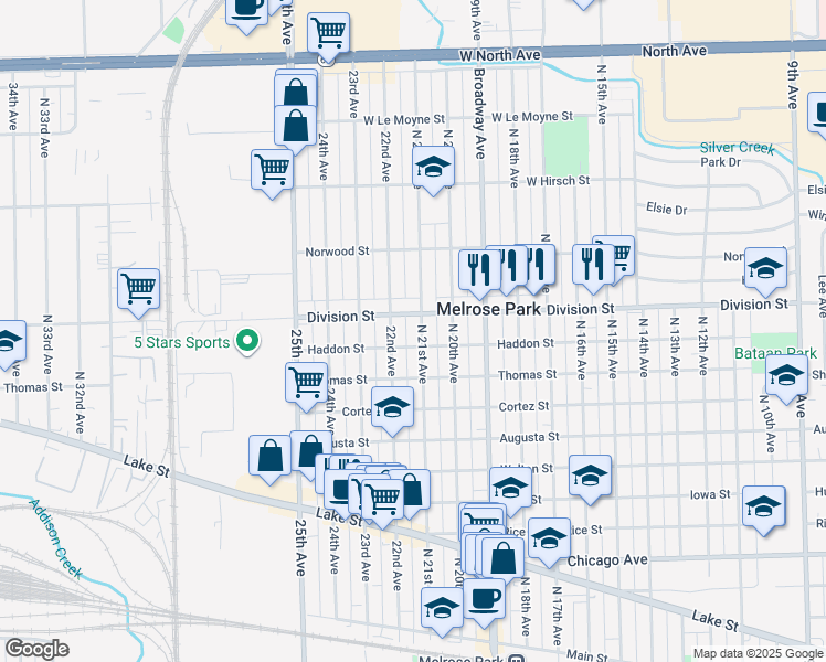 map of restaurants, bars, coffee shops, grocery stores, and more near 1402 North 21st Avenue in Melrose Park
