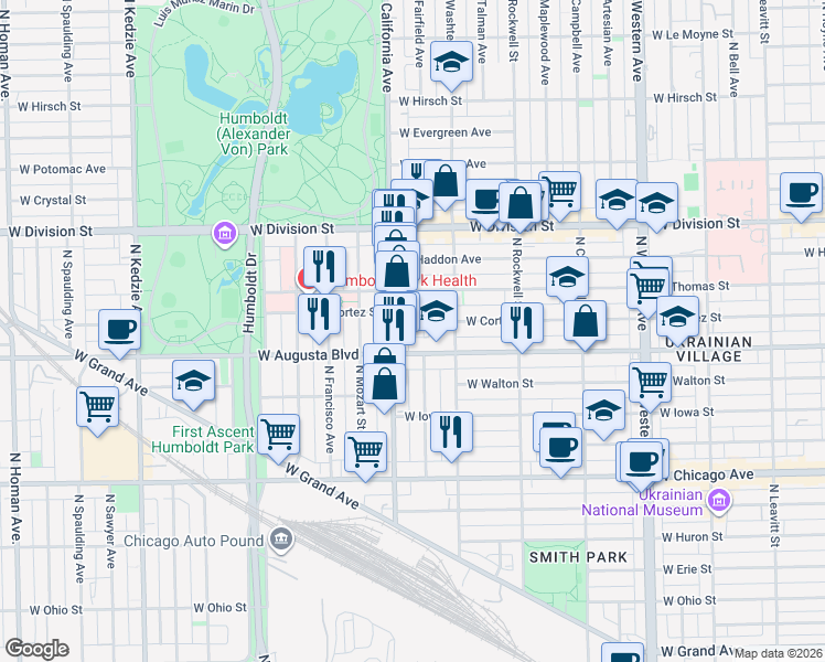 map of restaurants, bars, coffee shops, grocery stores, and more near 2741 West Cortez Street in Chicago