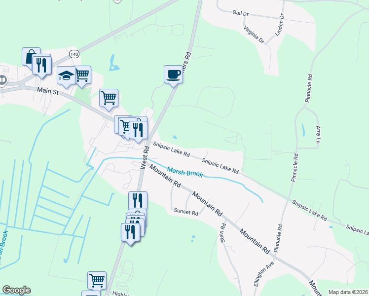 map of restaurants, bars, coffee shops, grocery stores, and more near 110 Snipsic Lake Road in Ellington