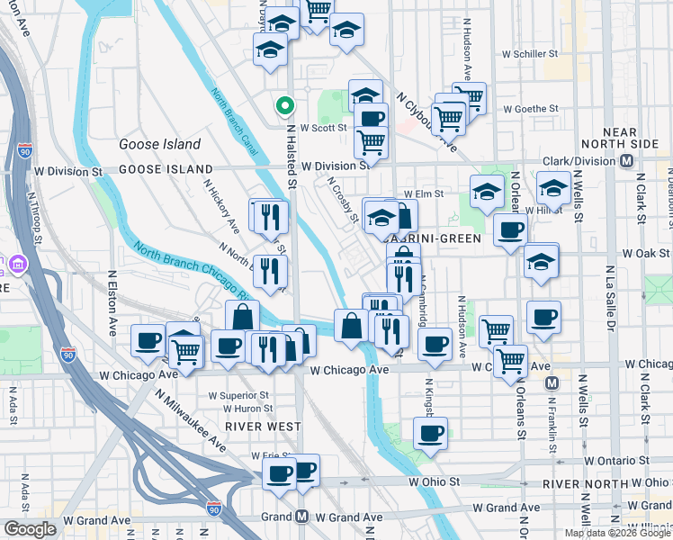 map of restaurants, bars, coffee shops, grocery stores, and more near 1000 North Kingsbury Street in Chicago
