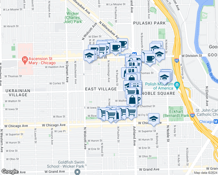 map of restaurants, bars, coffee shops, grocery stores, and more near 1012 North Hermitage Avenue in Chicago