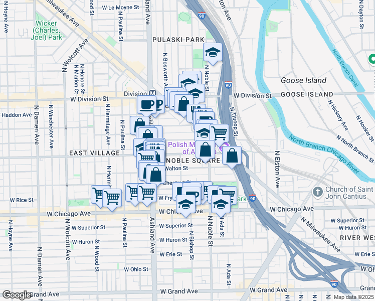 map of restaurants, bars, coffee shops, grocery stores, and more near 1444 West Augusta Boulevard in Chicago