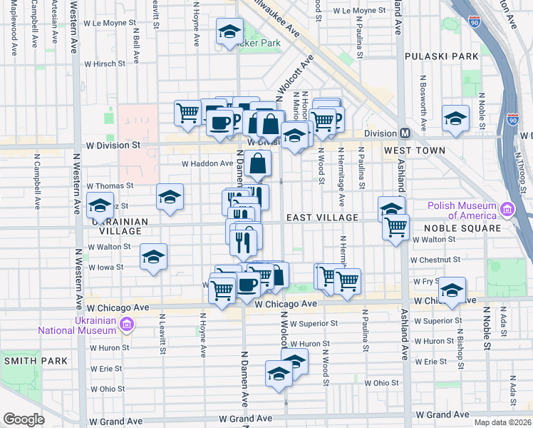map of restaurants, bars, coffee shops, grocery stores, and more near 958 North Wolcott Avenue in Chicago
