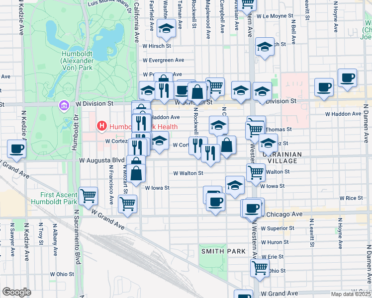map of restaurants, bars, coffee shops, grocery stores, and more near 2630 West Augusta Boulevard in Chicago