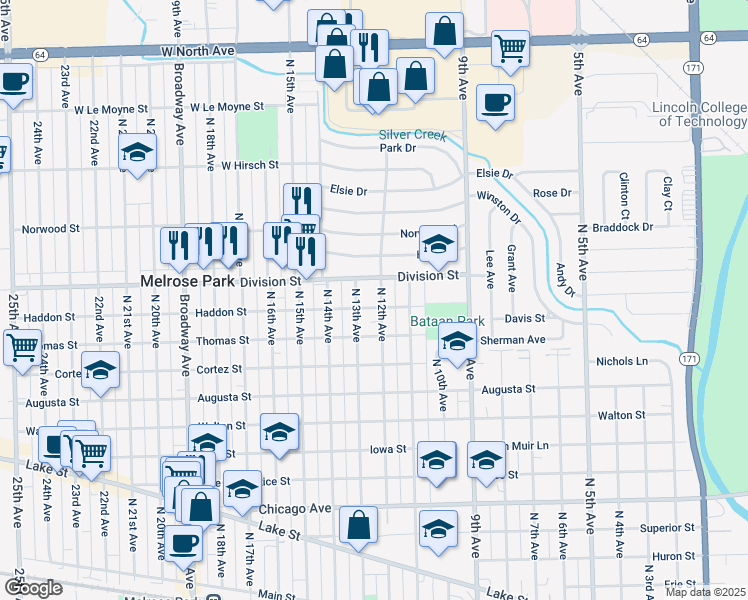 map of restaurants, bars, coffee shops, grocery stores, and more near 1319 North 13th Avenue in Melrose Park
