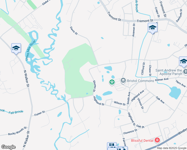 map of restaurants, bars, coffee shops, grocery stores, and more near 180 Shores Street in Taunton