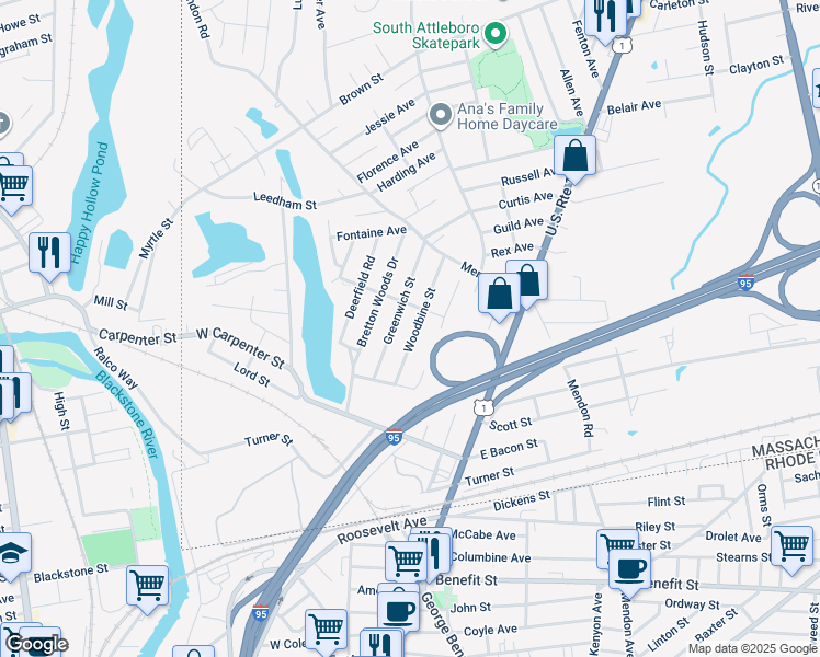 map of restaurants, bars, coffee shops, grocery stores, and more near 77 Woodbine Street in Attleboro
