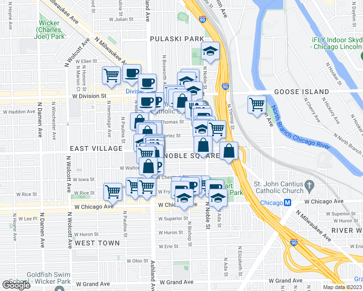 map of restaurants, bars, coffee shops, grocery stores, and more near 1451 West Augusta Boulevard in Chicago